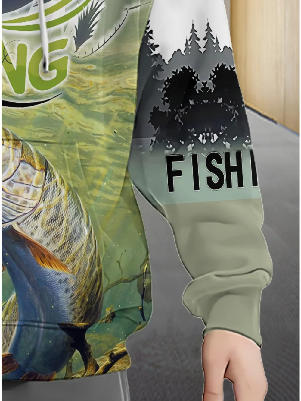 Mens Lightweight Fishing Print Hooded Zip-Up Gray Polyester Outdoor Activities Casual Multicolor Oversize Men's Sweatshirt Tops