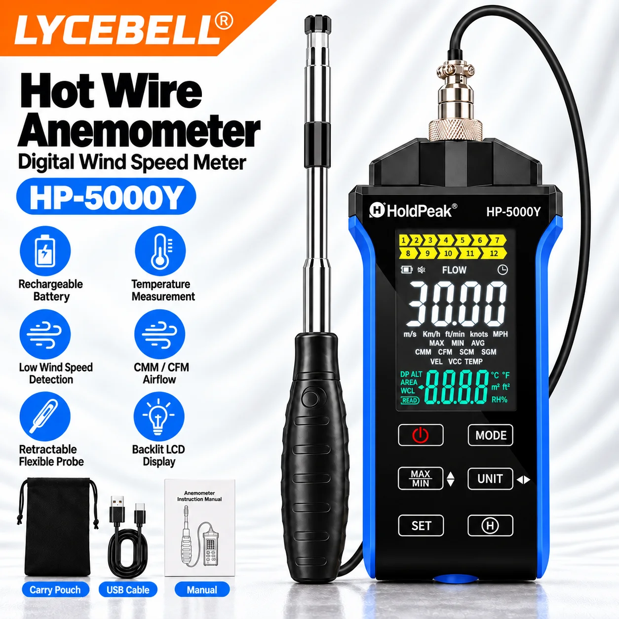 HoldPeak Hot Wire Anemometer 5000Y, CFM/CMM Air Flow Meter, 0.1-30m/s, 360° Rotating Telescopic Probe, Rechargeable, Backlit LCD