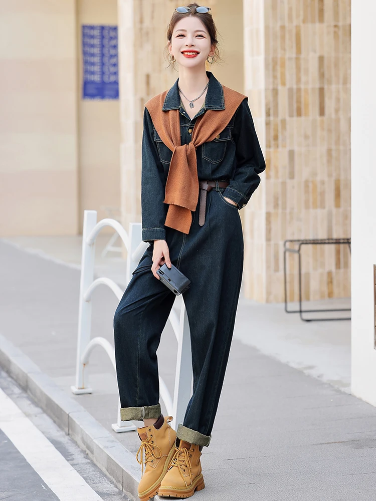 Luźne spodnie robocze typu denim, modne na wczesną jesień, nowe damskie spodnie ular, przeciwstarzeniowe, z wysokim stanem, długie, bawełniane, cienkie, model