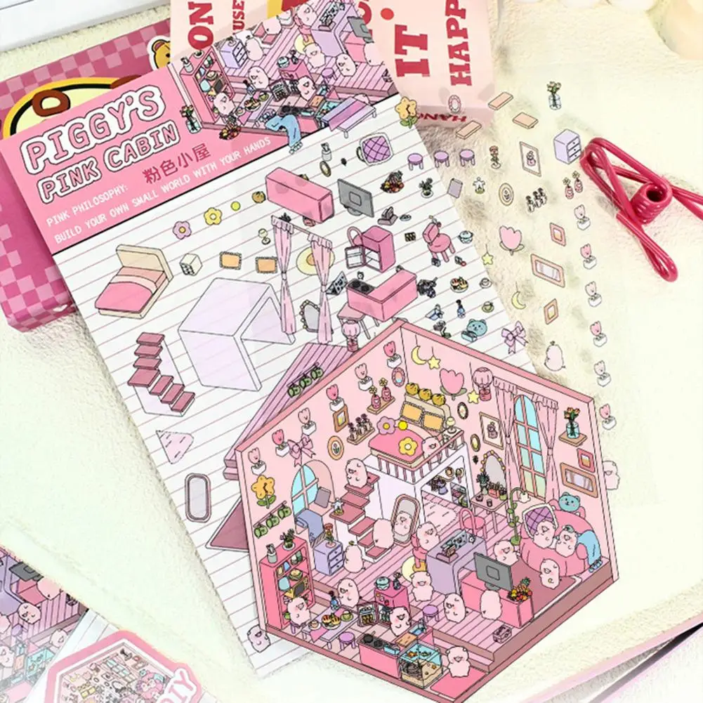 4 Sets DIY 3D House Stickers Reusable Korean Stickers Miniature Scene Stickers Mini Room Scenes Coated Surface Sticker