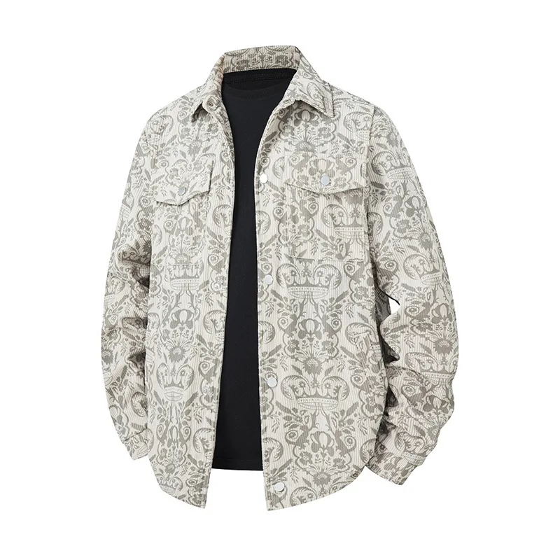 

Autumn Men Coat Fashion Printed Turn Down Collar Loose Young Male Outerwear Single-breasted Long Sleeve Pocket Man Jacket