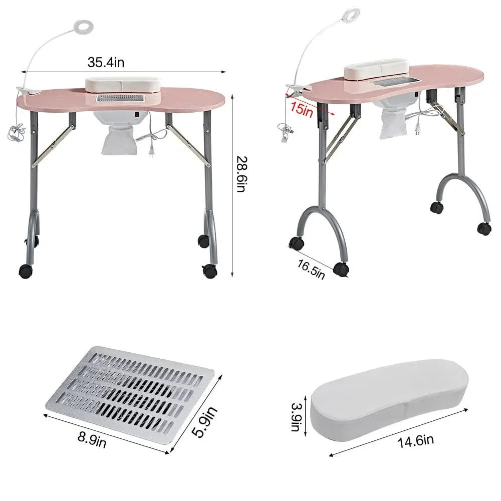 Nail Desk Portable Manicure Table, Professional Nail Table with USB-plug LED Table Lamp, Sponge Pillow, Electric Dust Collector