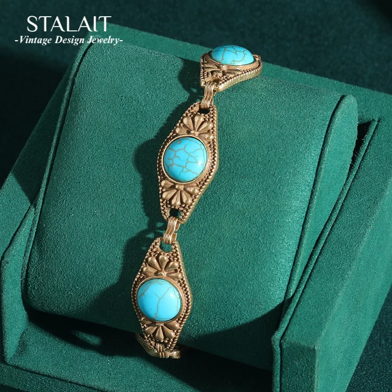 

Vintage Turquoise Jewelry Flower Bracelets Antique Gold Color Engrave Eye Woman Luxury Designers Summer Beach Accessories 2025