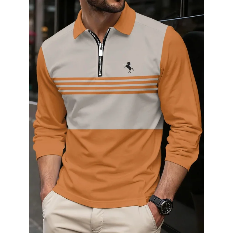 

Men's golf shirt, golf shirt, casual work, lapel, long-sleeved, basic modern striped buttons, regular for spring and autumn, sui