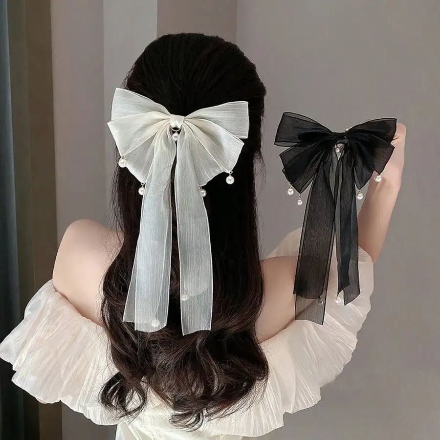 Coquette Aesthetic Tulle Bow Hair Clip With Pearl Drop Dreamy Long Ribbon Spring Hairpin Romantic Hair Accessory For Women And Girls Daily Use And Dating
