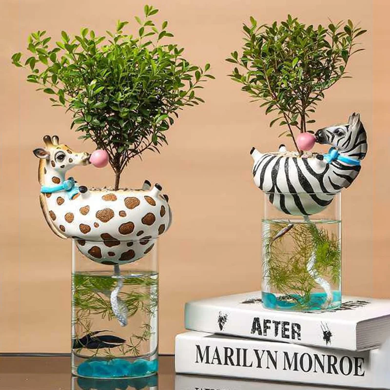 Decorative Vase Cactus And Succulent Plants Pot Glass Water Planter Resin Giraffe/Zebra Blowing Bubble Flower Tank