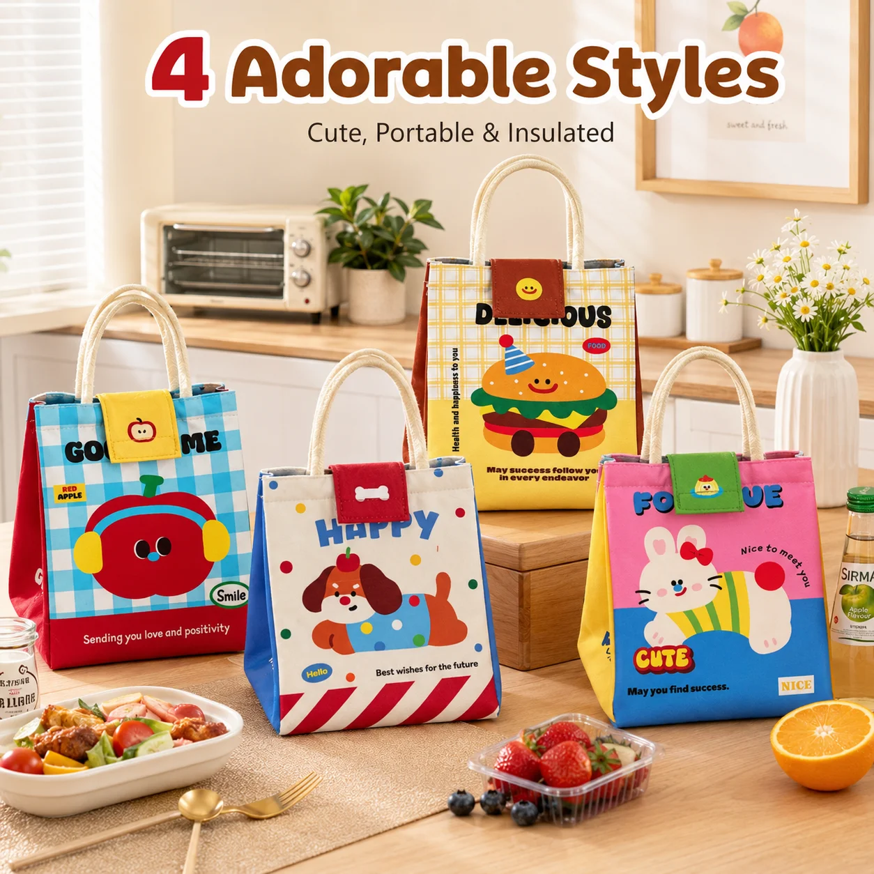 Cartoon Cute Thermal Fresh Keeping Lunch Tote Large Capacity Handheld Bento Bag For School Office Daily Use