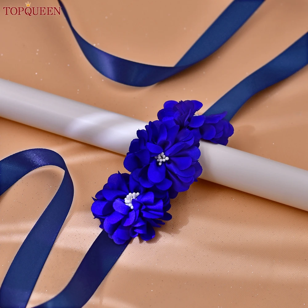 TOPQUEEN Elegant Handmade Flower Sash Blue Fashion Wedding Sash Bridal Satin Sash Party Sash Bridesmaid Dresses Accessories S140