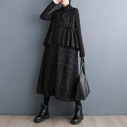 #4010 Spring Black Brown Tank Top Dress Women Notched Collar Sleeveless Fringe Dress Split Joint Vintage A-line Dress Loose Midi