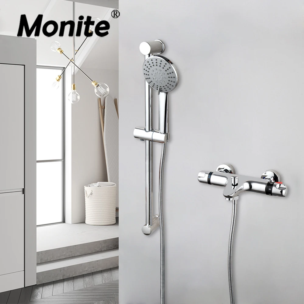 

OUBONI Bathroom Thermostatic Rainfall Shower Set Bathtub Handheld Shower Faucets Wall Mounted Adjustable Height Chrome Mixer Tap