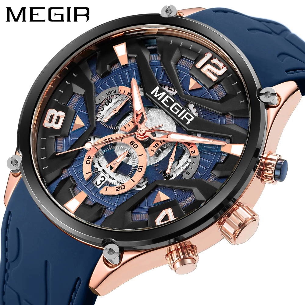 MEGIR Military Sport Quartz Watch Men Navy Blue Silicone Belt Waterproof Male Wristwatch with Date Chronograph Luminous Hands