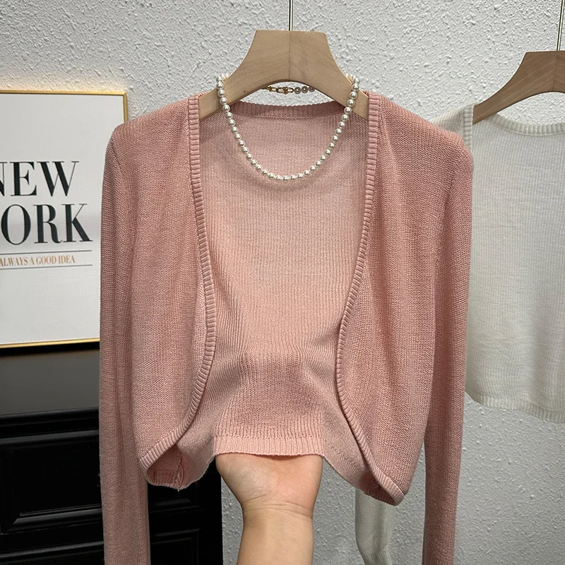 Korean Fashion Sun-Proof Cardigans Women Crop Tops Sweater Thin Short Summer 2025 Solid Knitted Long Sleeve Cardigan