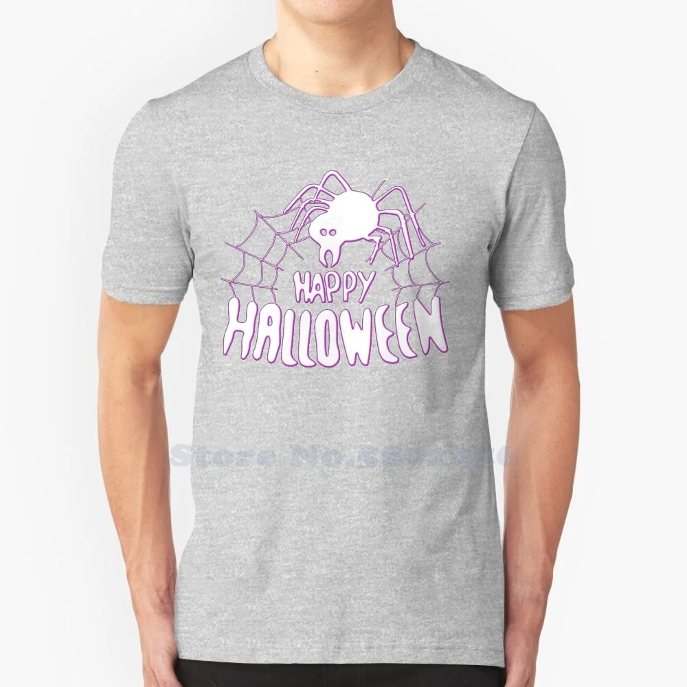 Funky Happy Halloween Spooky Spider And Web - Pink Outline High-Quality 100% cotton T-Shirt