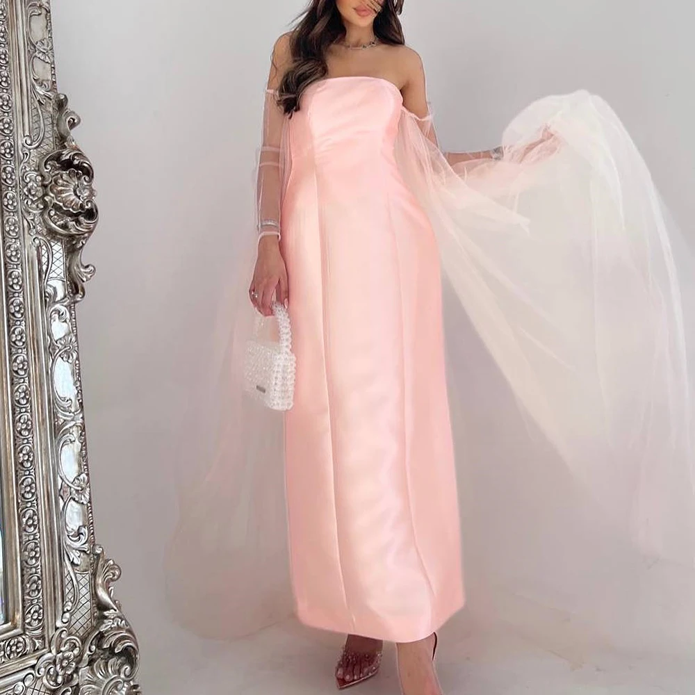 

Pink Elegant Watteau Train Evening Dress Satin Long Sleeves Ankle Length Strapless Straight Special Occasion Gowns Saudi Arabia