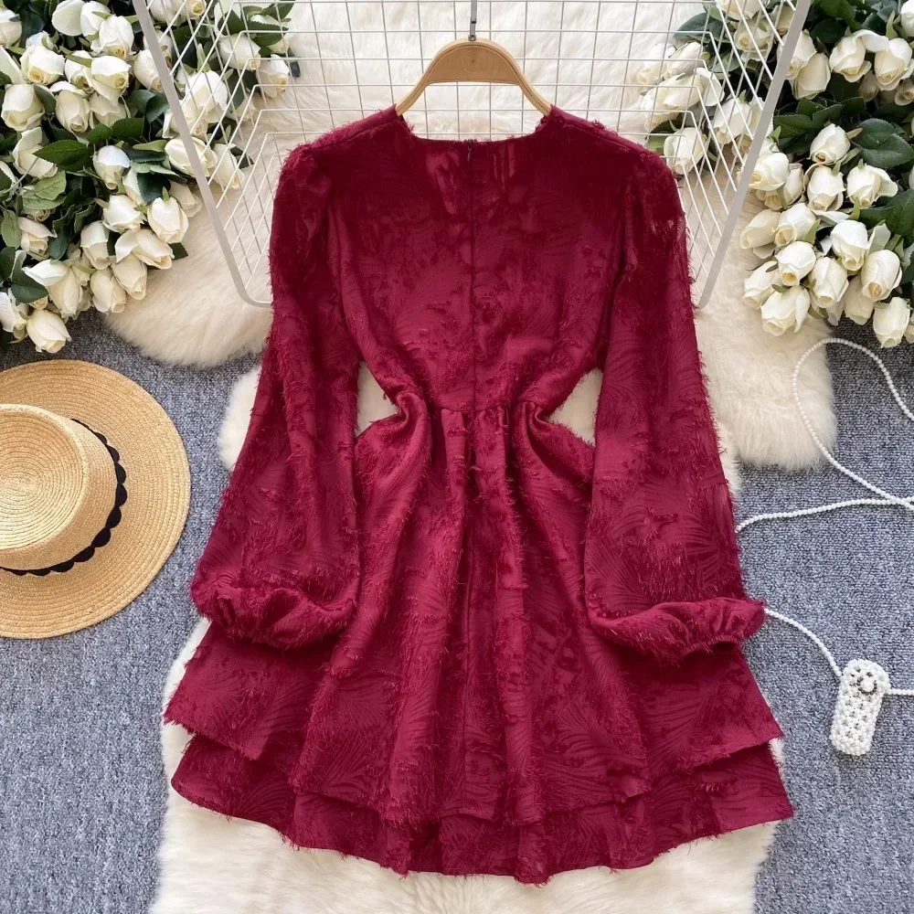 TWOTWINSTYLE Solid Elegant Dress For Women V Neck Long Sleeve Patchwork Lace Up Embroidery Mini Dresses Female Fashion KDR523839