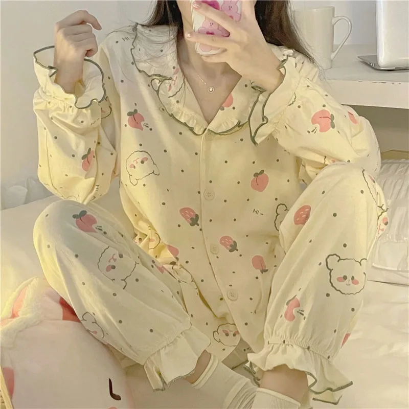 Women Spring Autumn Pajamas Long Sleeve Peplum Pyjamas Sweet Cartoon Nightdress Bear Print Sleepwear Set Loose Casual Loungewear