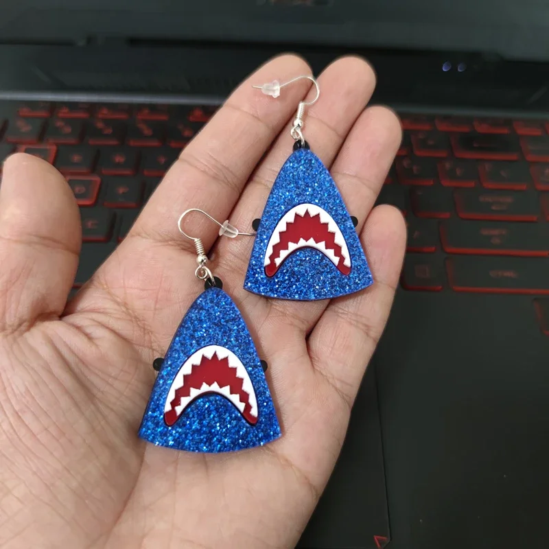 Blue Glitter Acrylic Shark Head Womens Drop Earrings Summer Beach Jewelry Novelty Accessories