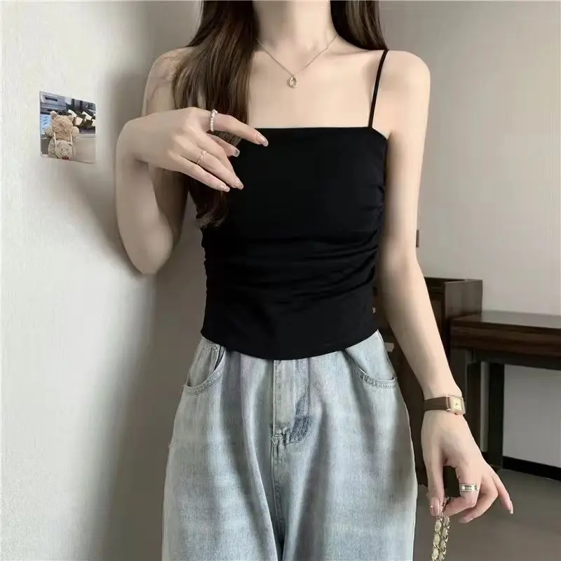 

Spicy Girl Fashion Sexy Versatile Strap Bottom Small Tank Solid Women's Folds Screw Thread Summer with Chest Pad Sleeveless Tops