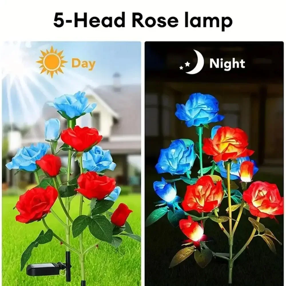 3/5 Heads Solar Lights Outdoor Decorative Night Light Waterproof LED Rose Flower Lawn Lamp for Yard Patio Garden House Decor