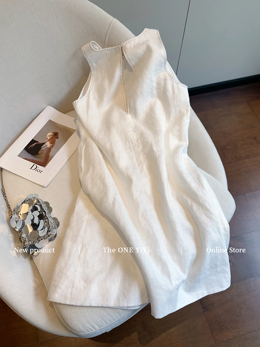 Summer Patchwork Cotton Linen Thin Tank Dress Women's High-End Sleeveless High Waist Casual Loose Short Dress N979