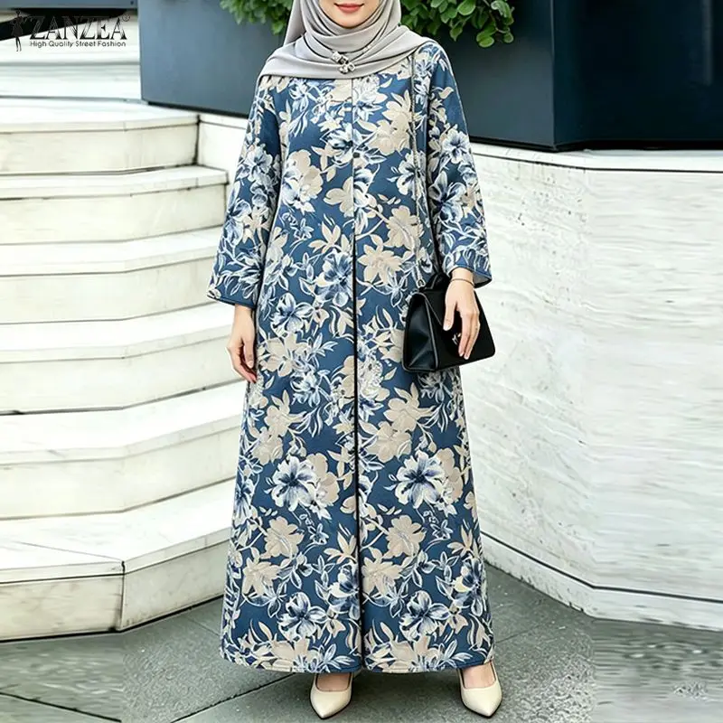 

Fashion Muslim Abaya Dresses Hijab Dress ZANZEA Women Bohemain Long Sleeve Floral Printed Sundress Modest Robe Femme Vestidos