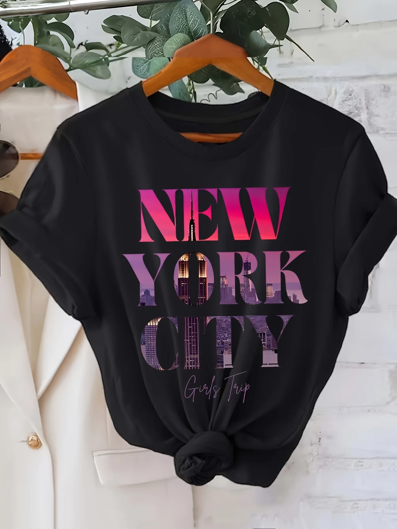 

New York letter print crew neck T-shirt, women's casual short-sleeved top, spring and summer clothing
