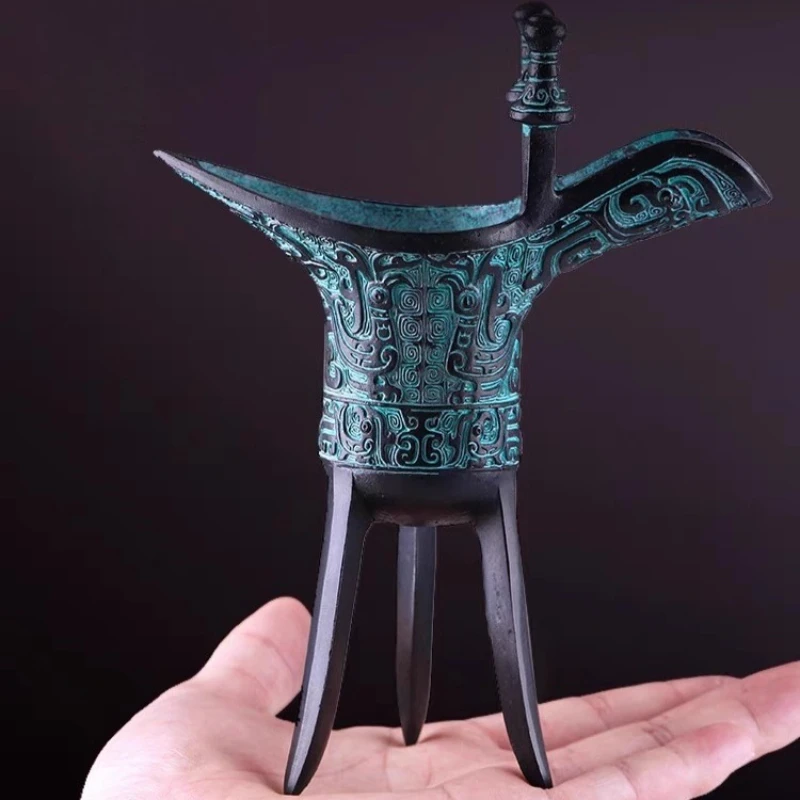 

Antique Chinese Bronze Jue Wine Cup Home Bar Decor Wedding Gift Film Prop