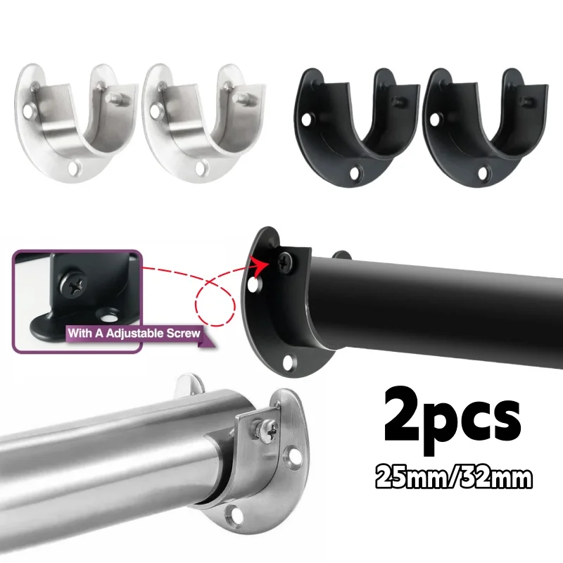 2PCS Stainless Steel Closet Rod Bracket Wardrobe Hanger Rod Flange Seat Fixing 25/32mm Curtain Rod Holder U Shaped End Support