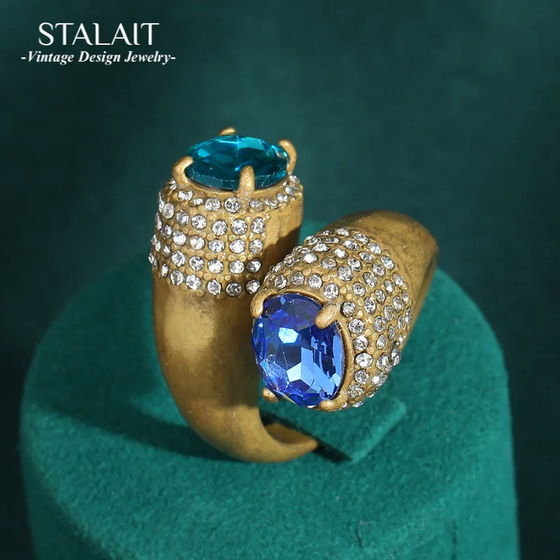 

Antique Jewelry Gold Color Vintage Rings Blue Gradient Zircon Opening Cross Designer Copper for Women Accessories New Arrival