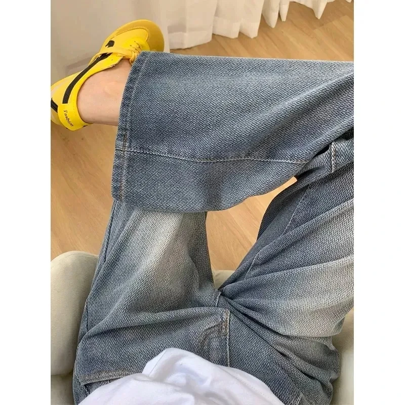 여성 하이웨이스트 청바지 스트레이트 튜브 루즈 레저 편안한 와이드 레그 팬츠 레트로 스트릿 스타일 바닥 길이 슬리밍 핏