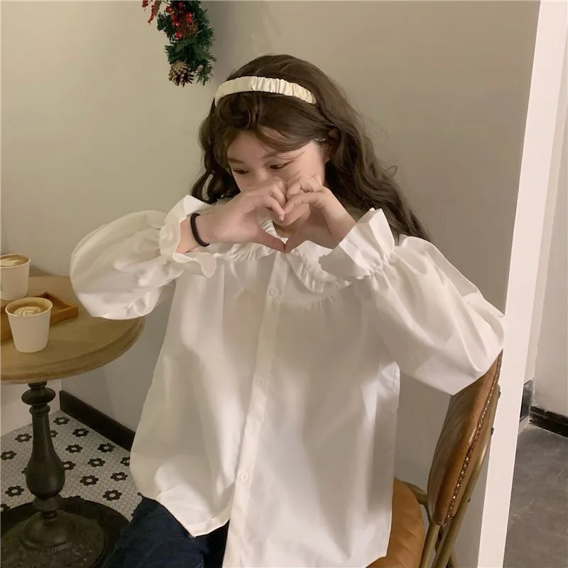 Preppy Style Women White Shirt Sweet Kawaii All Match Long Sleeve Blouse Harajuku Peter Pan Collar Button Up Y2K Shirts Female