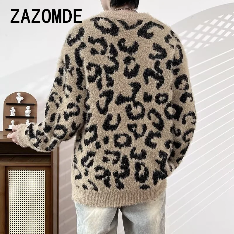 ZAZOMDE 2024 maglioni modello leopardo invernale coreano caldo lavoro a maglia inverno stampa animale pullover manica lunga Streetwear maglieria