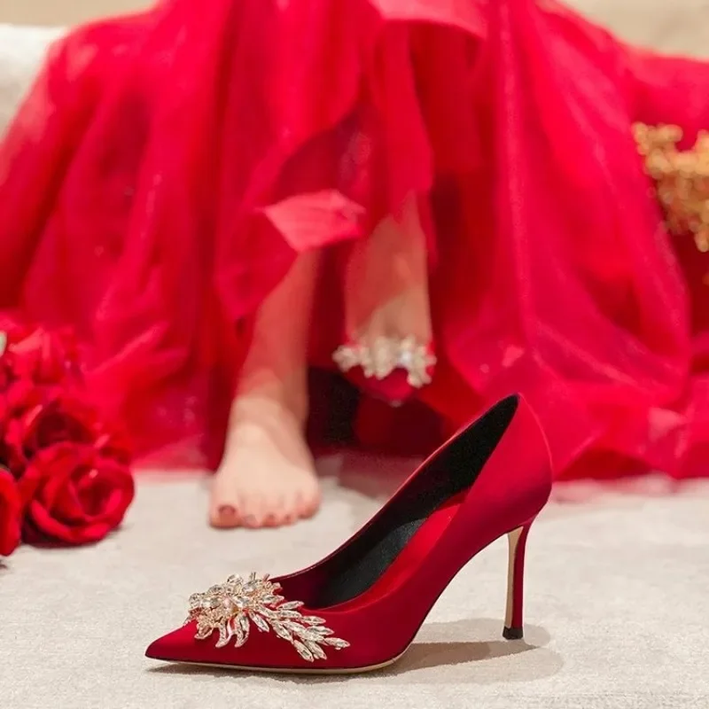 Satin Rhinestone Crystal Shallow Pumps Stiletto High Heel Fashion Women\'s Spring White Women Bridal Wedding Dress Heels Women