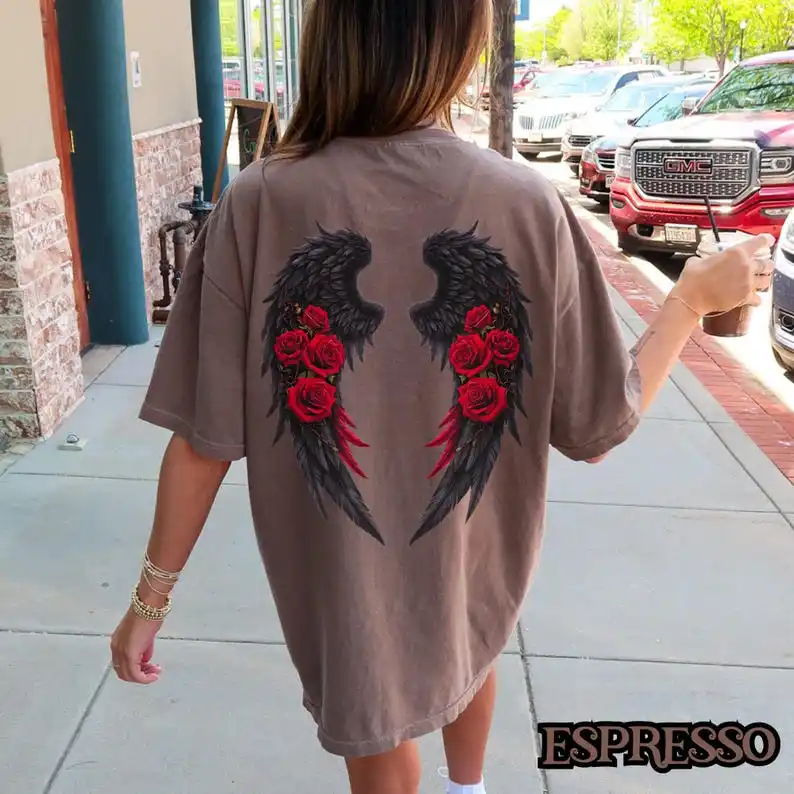 Dark Angel Wings T-Shirt, Black Wings Tee, Fallen Angel Shirt, Gothic Rose T-Shirt, Red Rose Aesthetic,  Grunge Tee