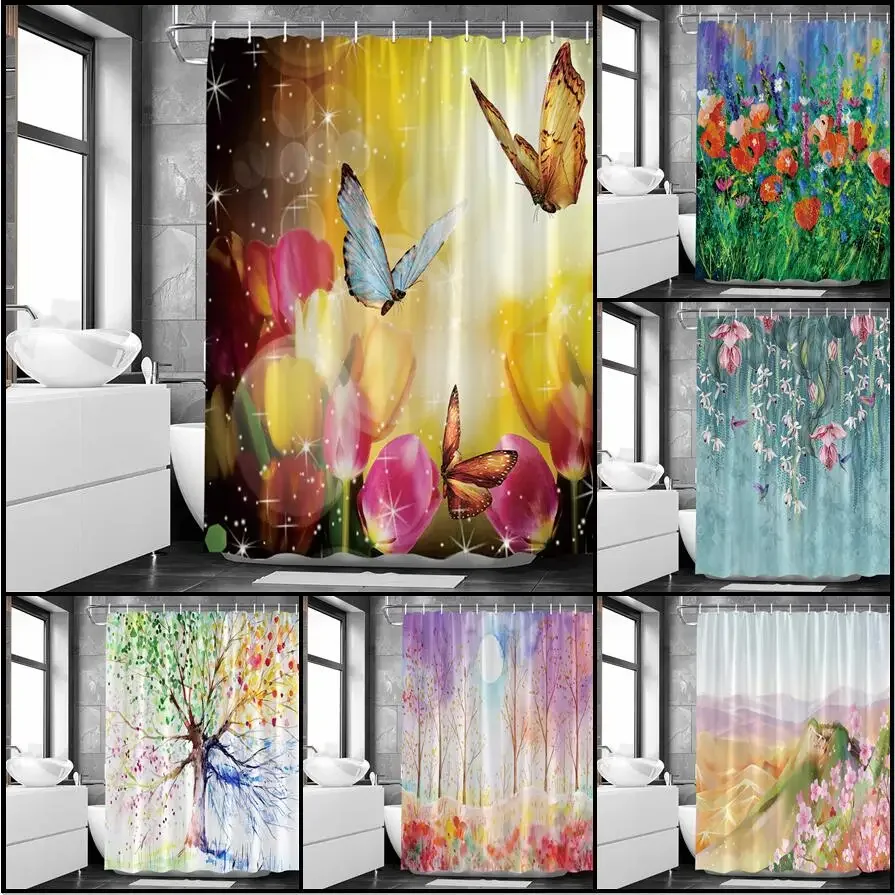 Garden Landscape Shower Curtains Bathroom Decor Watercolor Idyllic Flowers Painting Aesthetic Art Fabric Bathroom Curtain Sets