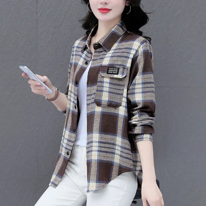 Women\'s Autumn Fashion Simplicity Plaid Polo Collar Long Sleeve Shirts Women Clothes Casual All-match Temperament Loose Tops