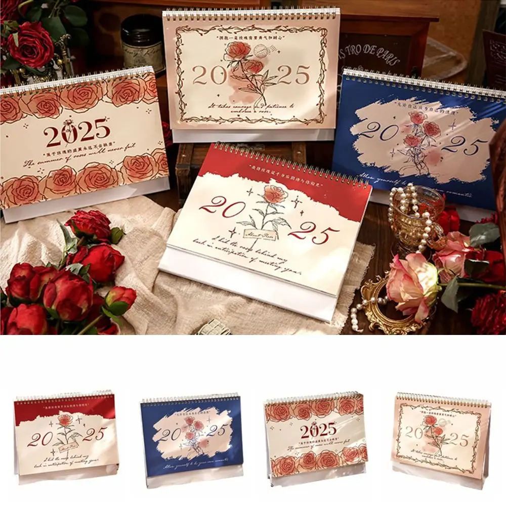 Creative Roses Monthly Calendar Floral Coil Vintage Romantic Roses Desk Calendar Table Decor 12-Month 2025 Monthly Planner