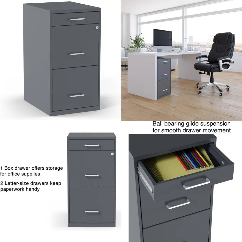 Vertical 3-Drawer File Cabinet, Letter Size, Lockable, Mobile, 18.9 Deep x 14.3 Wide x 26.8 High, Charcoal for Secure Document S