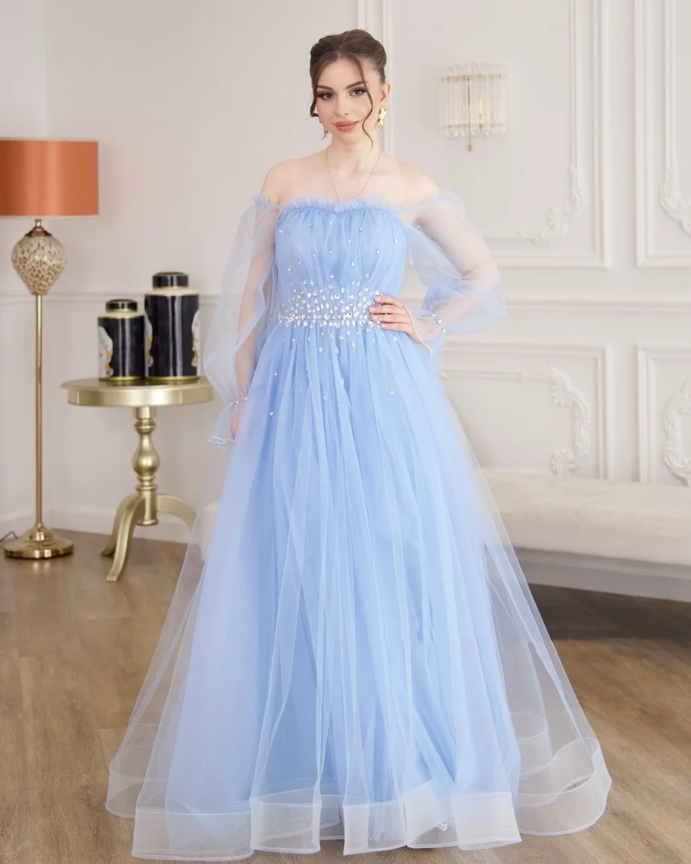

Customized Exquisite Elegant Tulle Pleat Rhinestone A-line Off-the-shoulder Long Dresses Bespoke Occasion Dresses Classic Retro