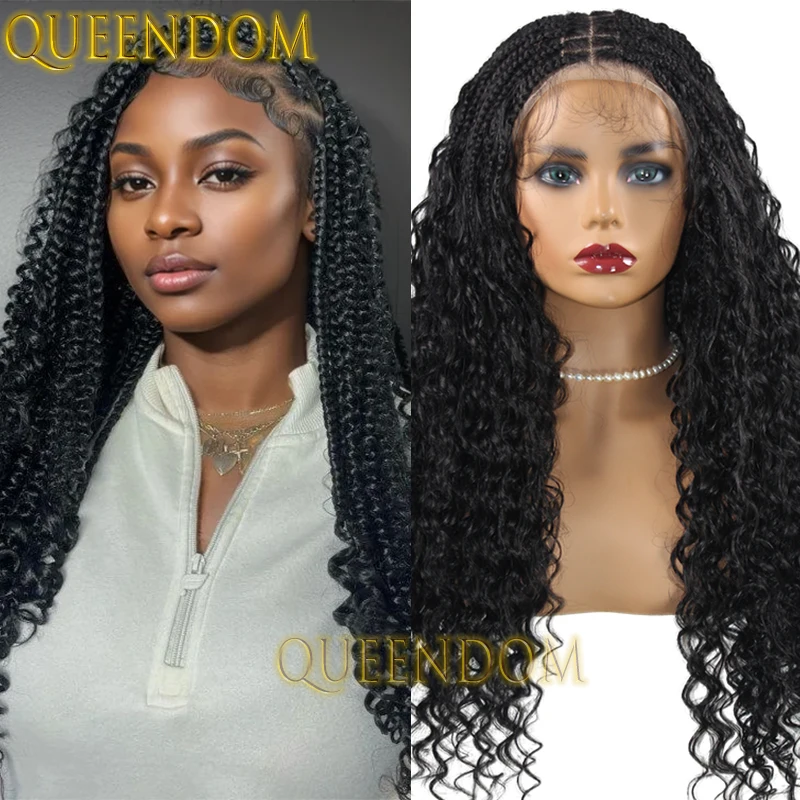 

24 Inch Bohemian Synthetic Braid Wig Knotless Deep Wave Cornrow Braided Wig for Women Full Lace Box Braids Wigs With Curly Ends