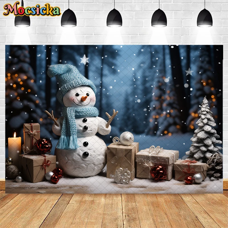 Arrière-plan de photographie de Noël d'hiver, décor de boîte-cadeau de Noël, flocon de neige, arbre de Noël, forêt, portrait d'enfants, gâteau Smash