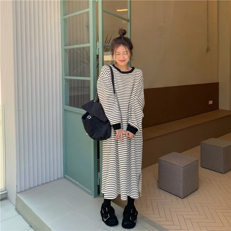 Women Long Hoodie 2024 Fleece Striped Hoodies Female Autumn Fashion Loose O-neck Maxi Sweatshirt High Street Pullover