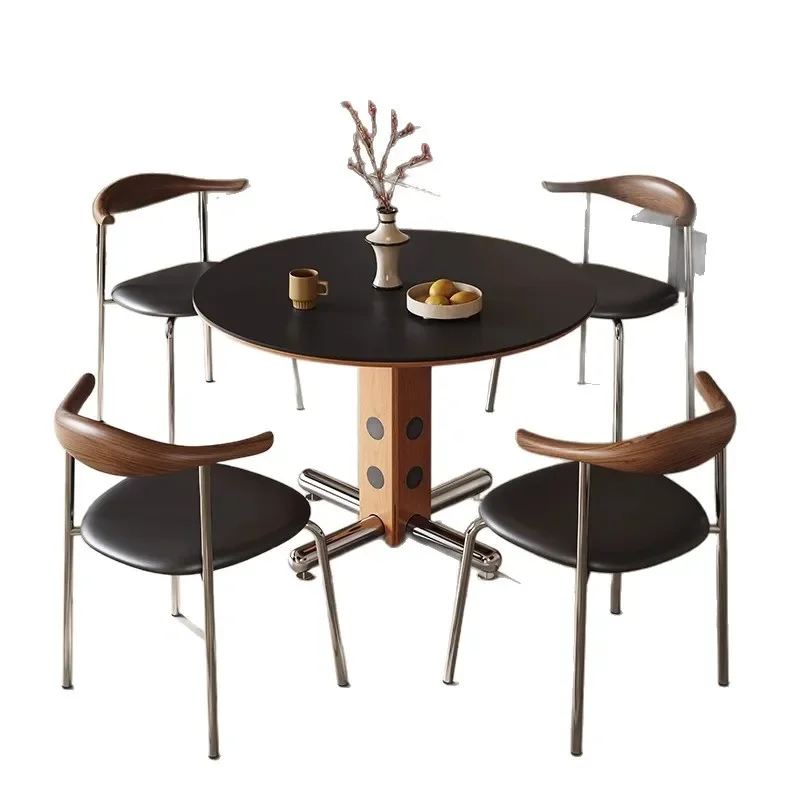 Nordic Bauhaus Round Dining Table Solid Wood Sintered Stone Top Metal Legs Retro Small Apartment Furniture