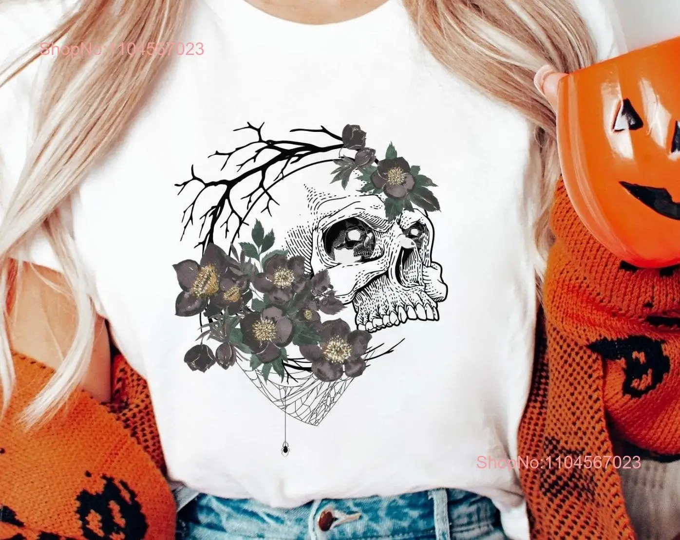 تي شيرت جمجمة للهالوين مزين بالزهور على الطراز القوطي بلوم هيكل عظمي بوهو بأكمام طويلة أو قصيرة