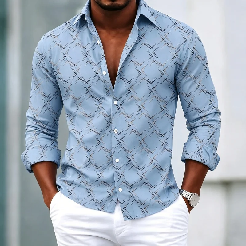 Men's shirt with geometric diamond grid printed long sleeved shirt for spring business and leisure, loose collared men's shirt
