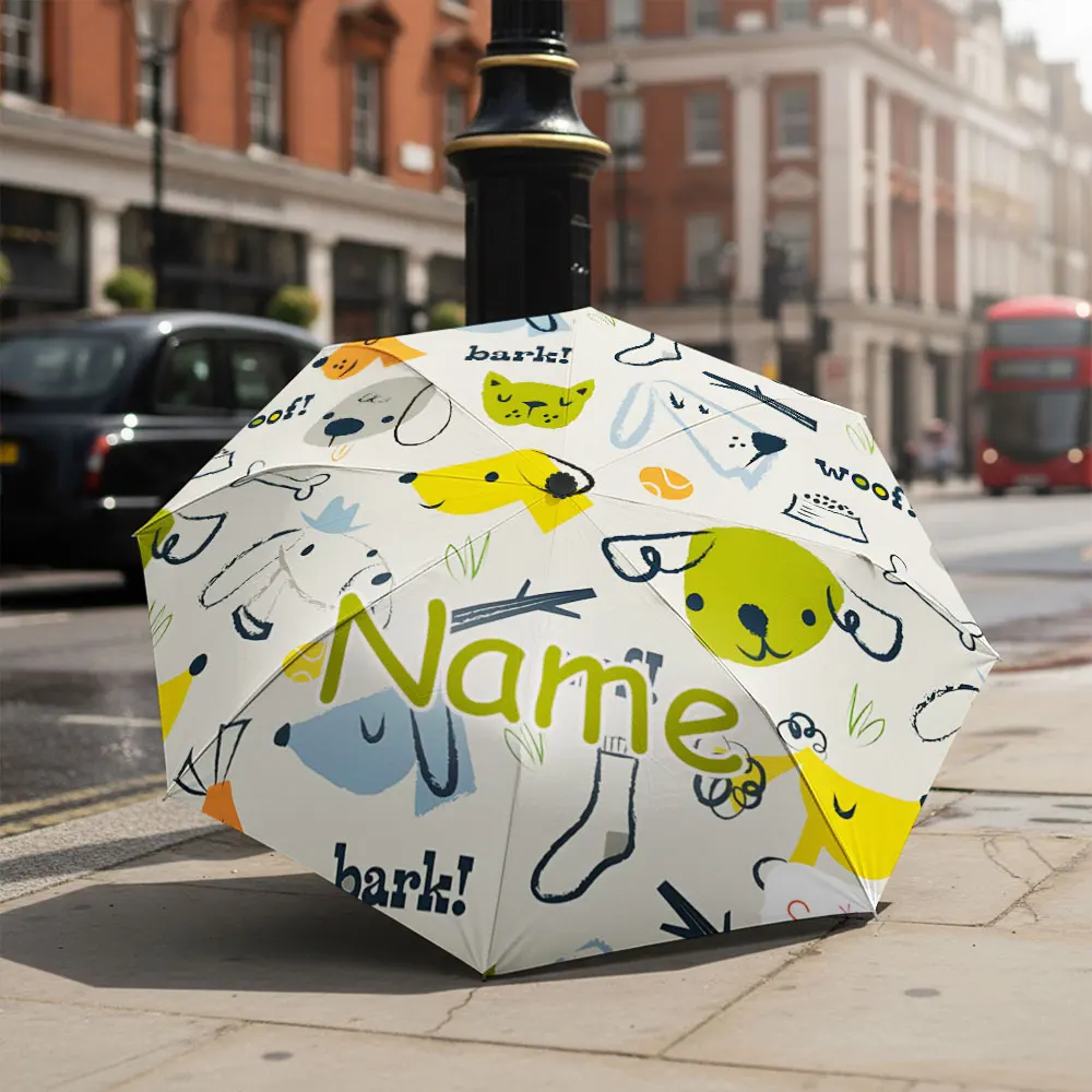 Custom Name umbrella,Fun Colorful Cartoon Dog Design with Playful Words Fashion Folding Umbrella for Sunny and Rainy Days,Gift
