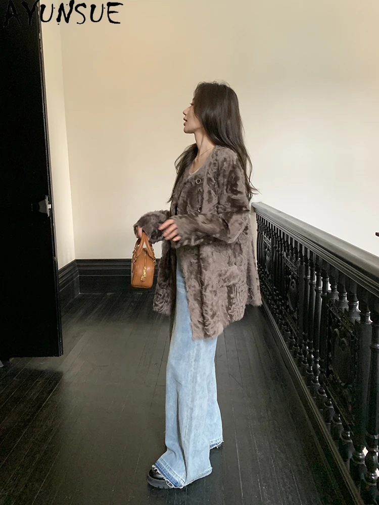 AYUNSUE Shearling Jacket 여성 중간 길이 100% 천연 양모 코트 여성 의류 럭셔리 겉옷 가을 겨울 Abrigo Mujer
