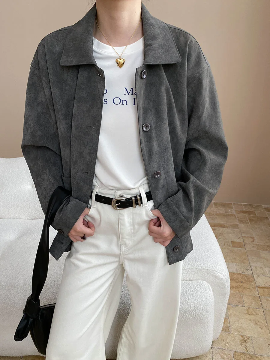 

Осенне-зимняя женская повседневная универсальная свободная и утягивающая замшевая куртка с американским воротником в стиле ретро