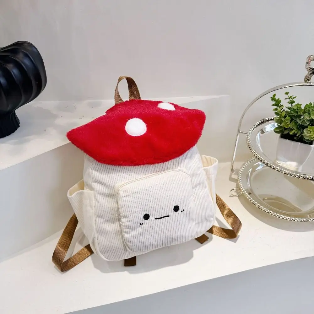 Kawaii Polka Dot Embroidered Mushroom Backpack Star Plush Corduroy Shoulder Bag Handbag Cute Cartoon Children's Schoolbag Child