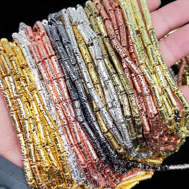 13x4mm Golden/Silvery Plated Cylinder Natural Lava Stone Spacer Loose Beads For Jewelry Making Bracelet Necklace DIY Accessories